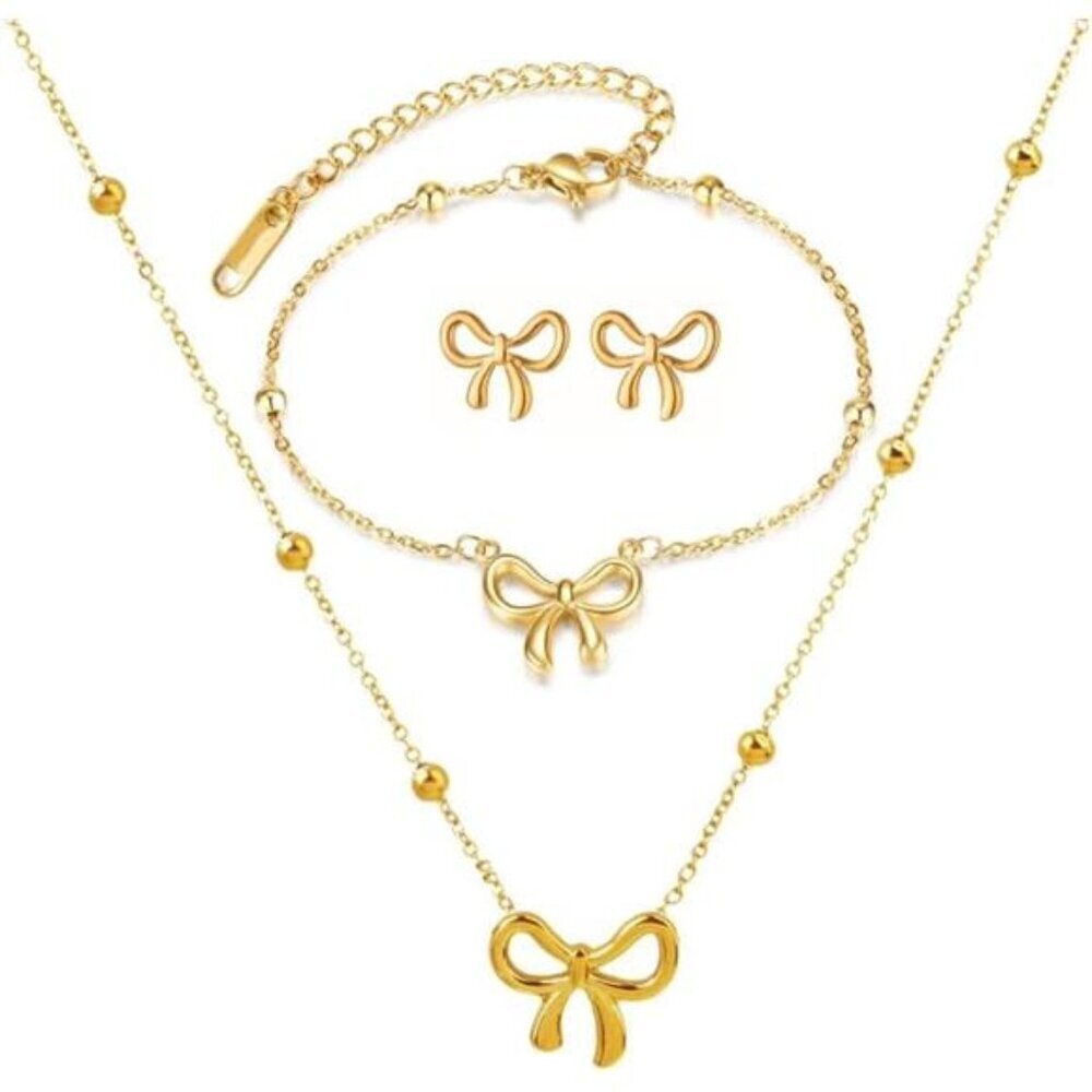 Dainty Gold Bow Jewelry Set – Necklace, Bracelet, and Earrings Set for Women